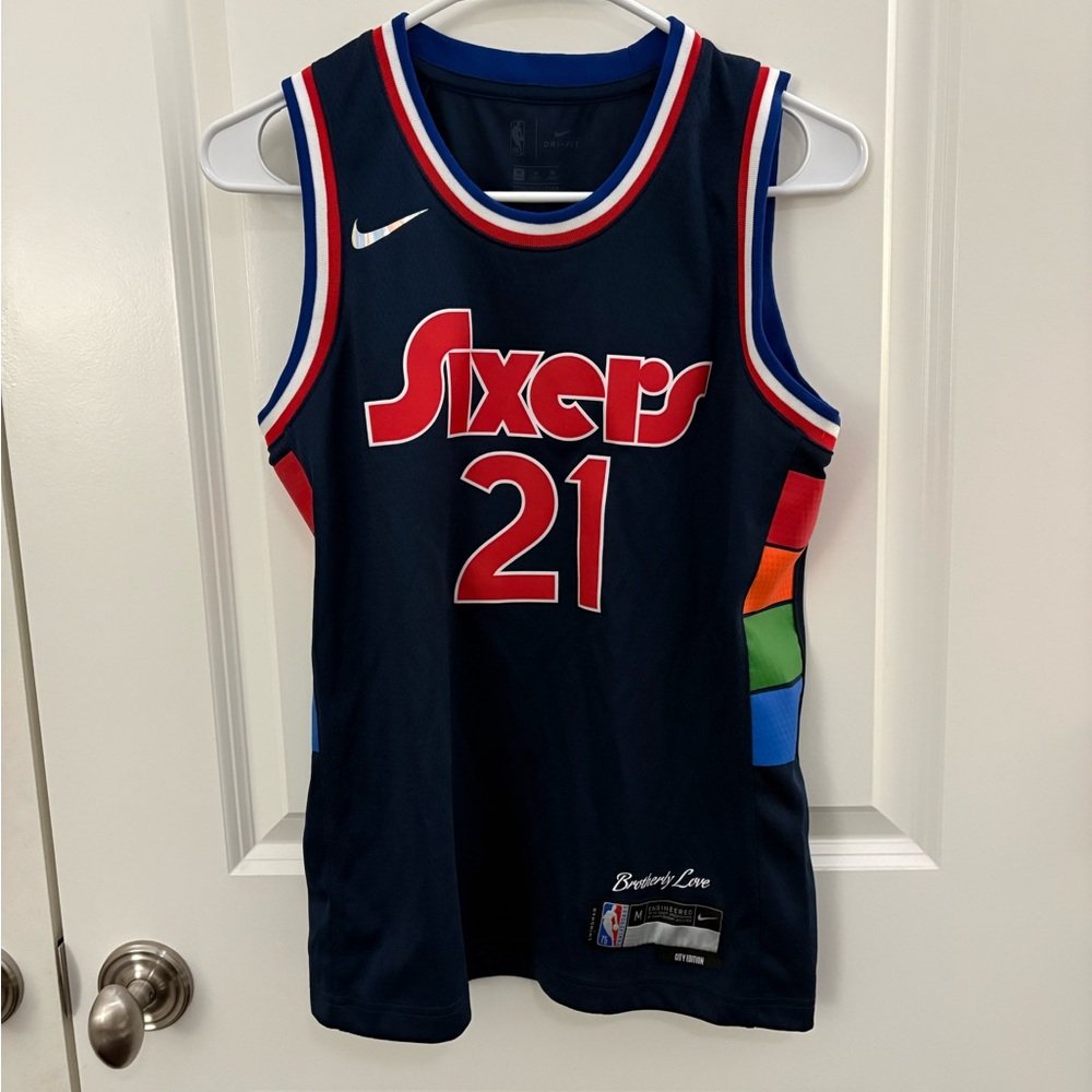 Nike Sixers Embiid 21 Basketball Jersey - Navy with Multicolor Accents fits XS